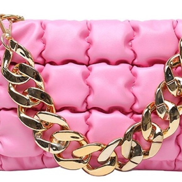 NWOT Stunning 2 pcs Set/Hot Pink Big Brimmed Fedora Hat/Chain Purse - Picture 3 of 6